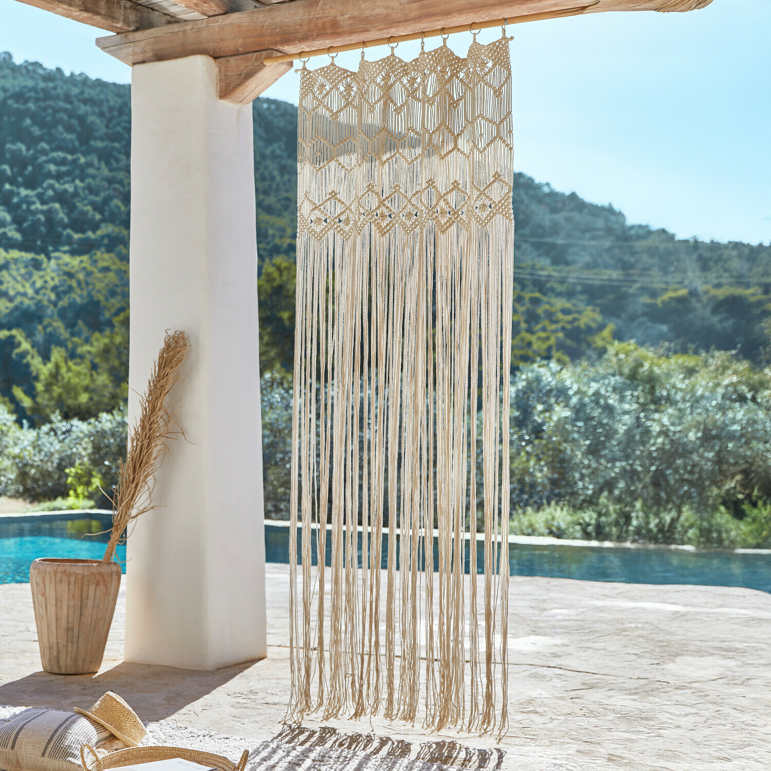 Cortina Freya Colgante de macramé de algodón natural beige, decoración bohemia para interiores y exteriores