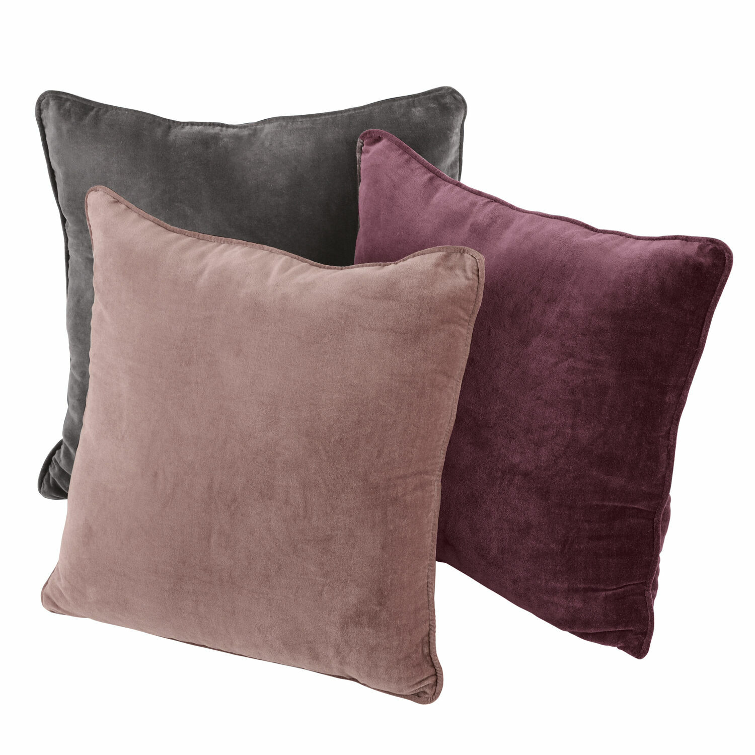 Set de 3 cojines Amalina de terciopelo suave en rojo, rosa y gris para decoración del hogar