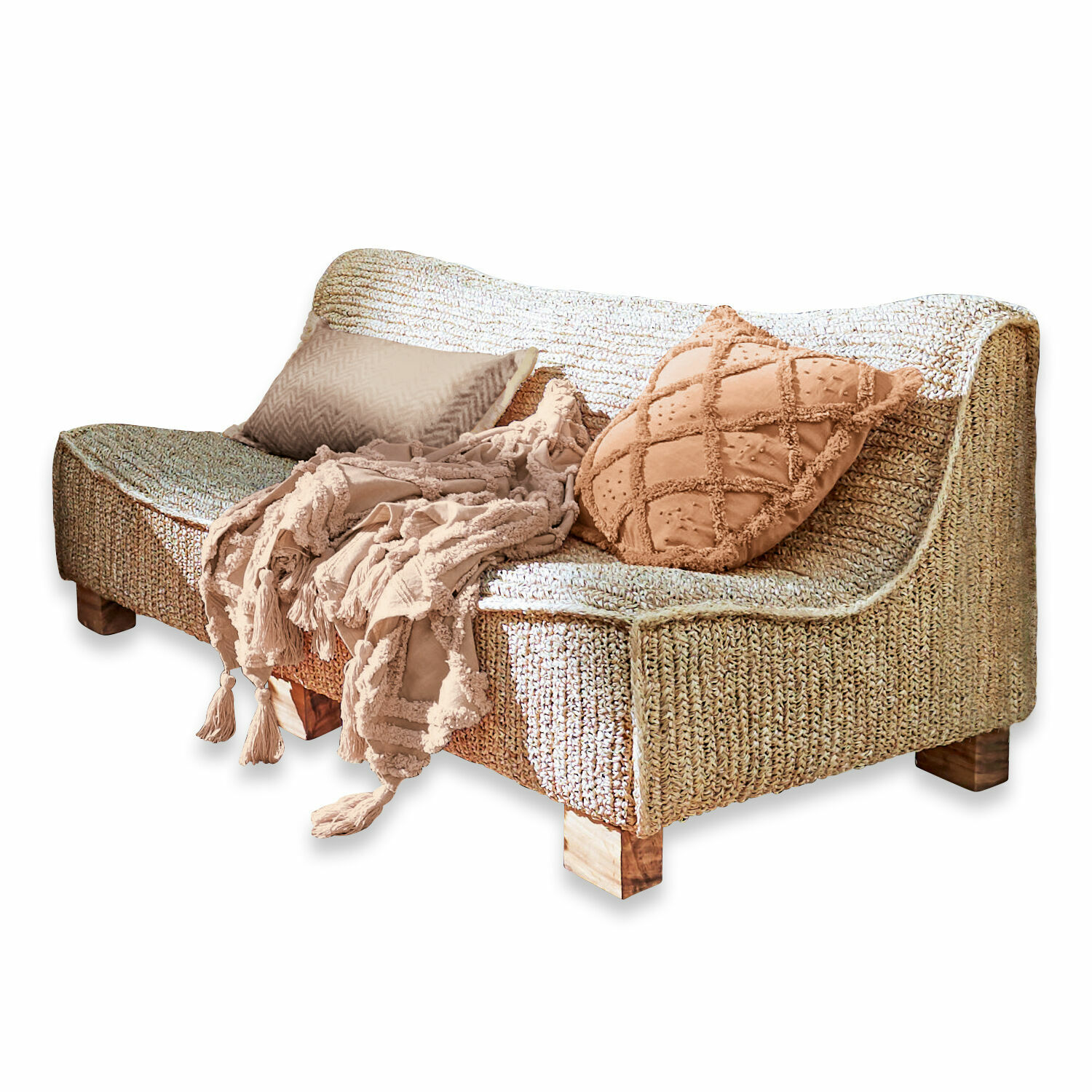 Sofá Bocage Sofá de ratán trenzado color natural con manta beige y cojines para sala de estar