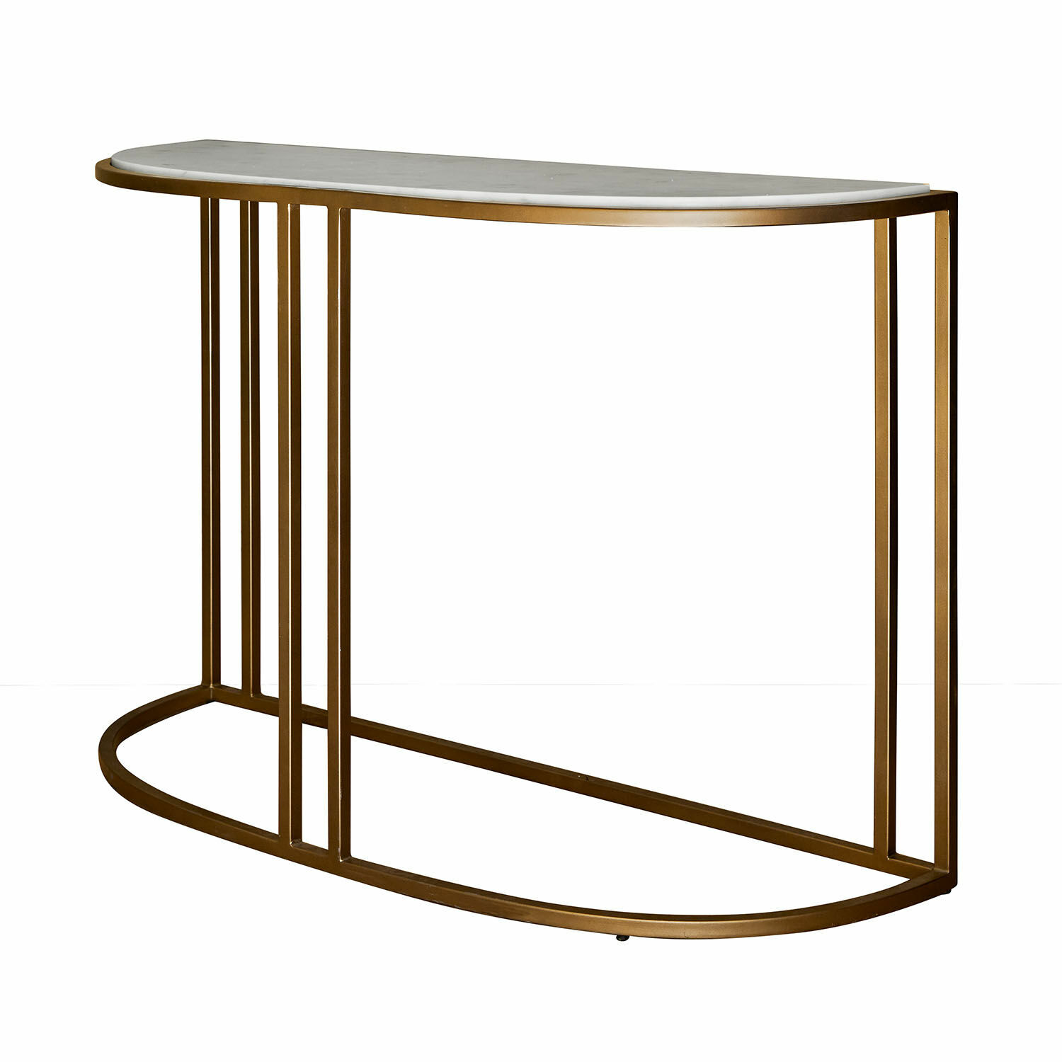 Consola Soréline Consola con tablero de mármol blanco y estructura metálica dorada, mueble elegante para salón