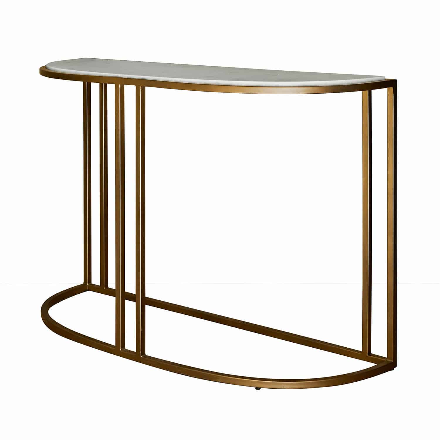 Consola Soréline Consola con tablero de mármol blanco y estructura metálica dorada, mueble elegante para salón