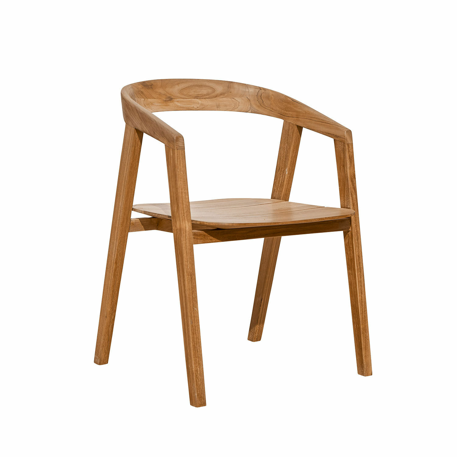 Silla de madera de teca natural con respaldo curvado y patas rectas para decoración moderna