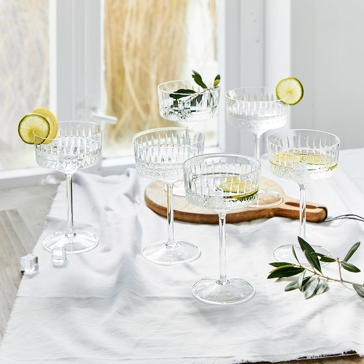 Set de 6 copas de champán Deion Conjunto de seis copas de cóctel de cristal con rodajas de limón y hojas verdes como decoración