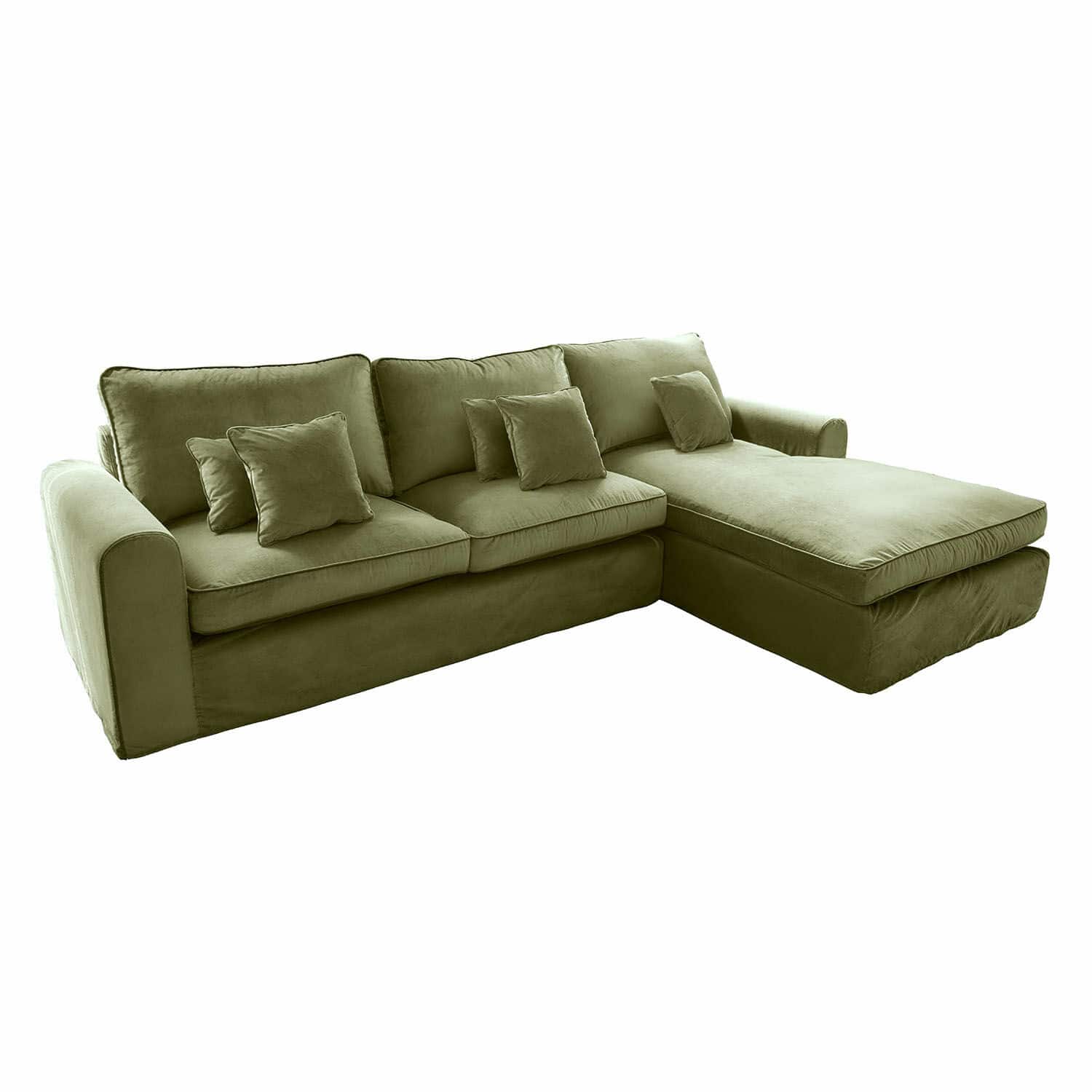 Sofá esquinero de terciopelo verde con cojines, mueble cómodo para salón moderno