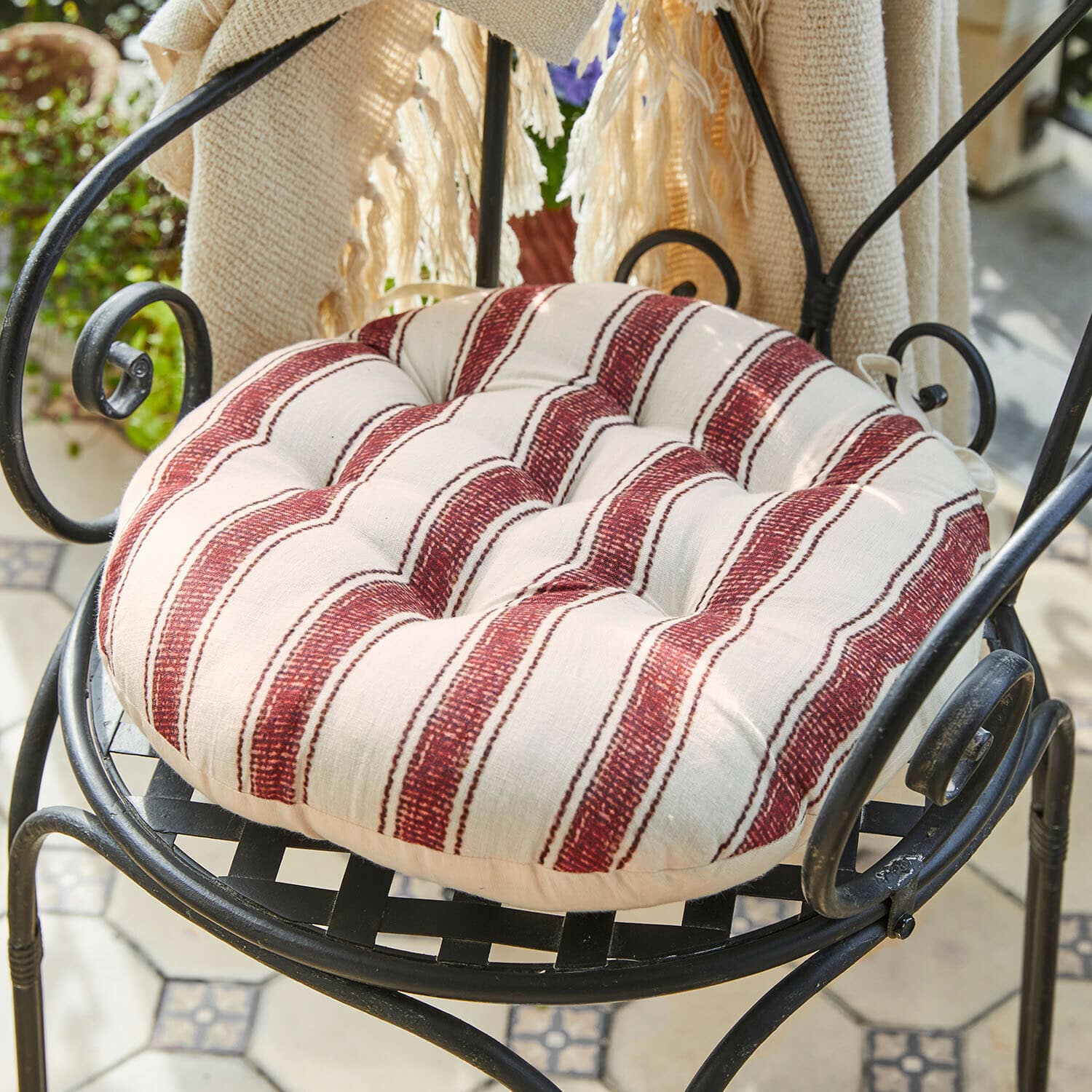 Set de 2 cojines de asiento Bourrignon Cojín redondo de algodón crema con rayas rojas para silla, cómodo y decorativo