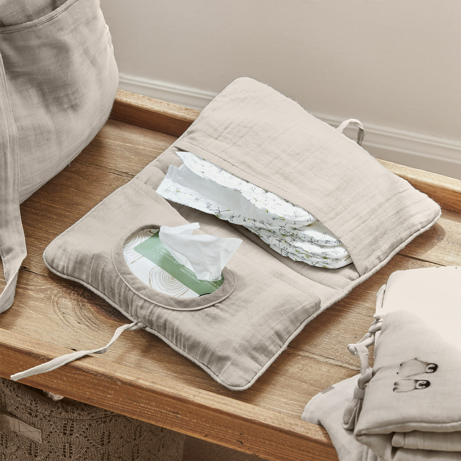 Organizador beige de algodón para pañales y toallitas, práctico para el cambio de bebé