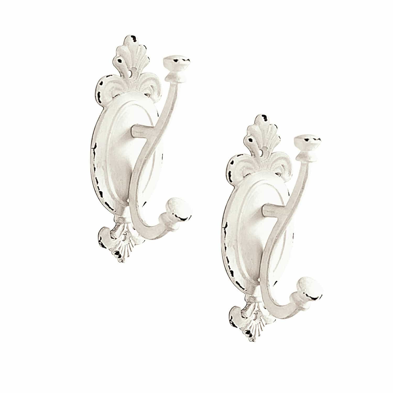 Set de 2 percheros Tede Par de ganchos de pared de metal blanco con diseño decorativo y acabado envejecido