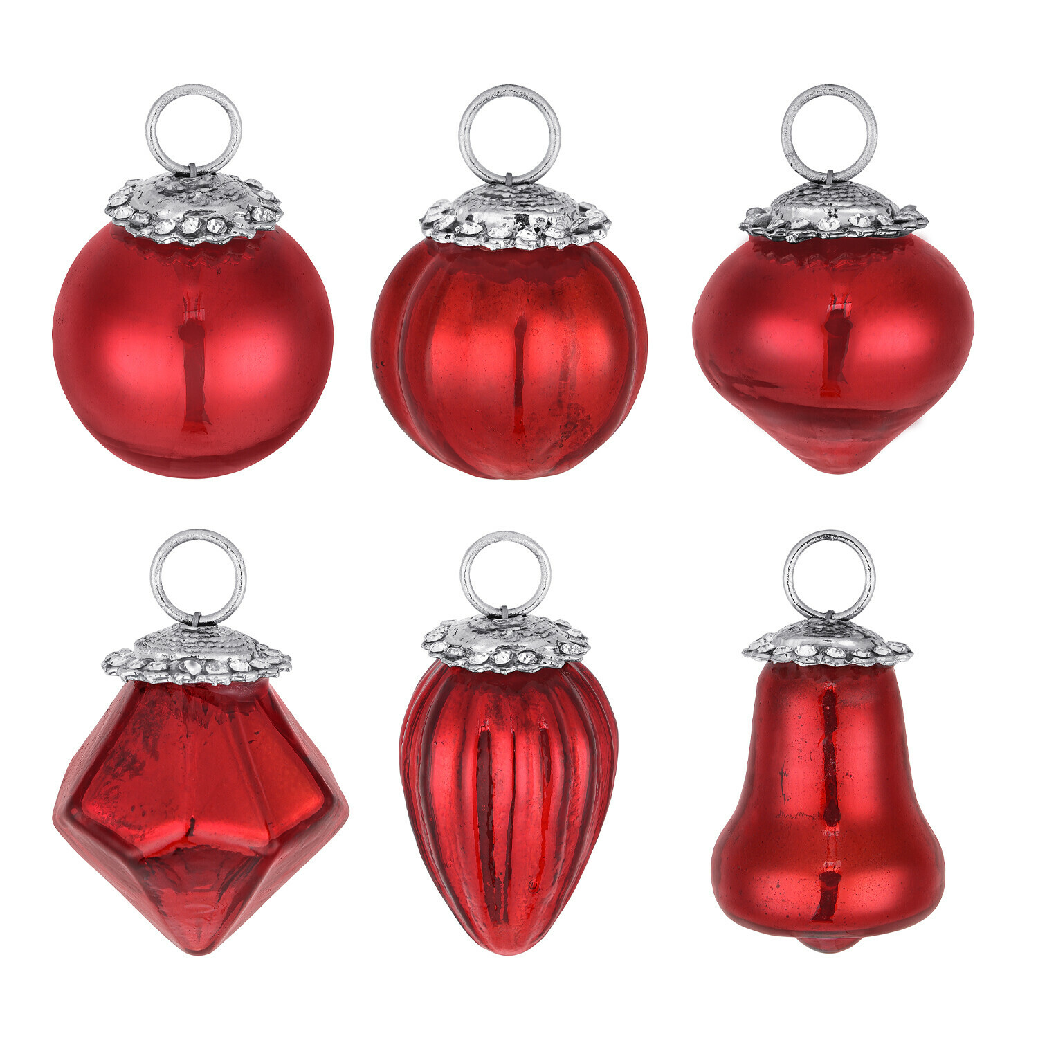 Set de 6 adornos navideños rojos de vidrio con diferentes formas y colgantes metálicos