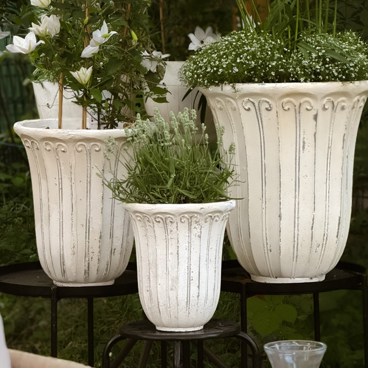 Conjunto de tres macetas blancas de piedra con diseño decorativo, con plantas de jardín