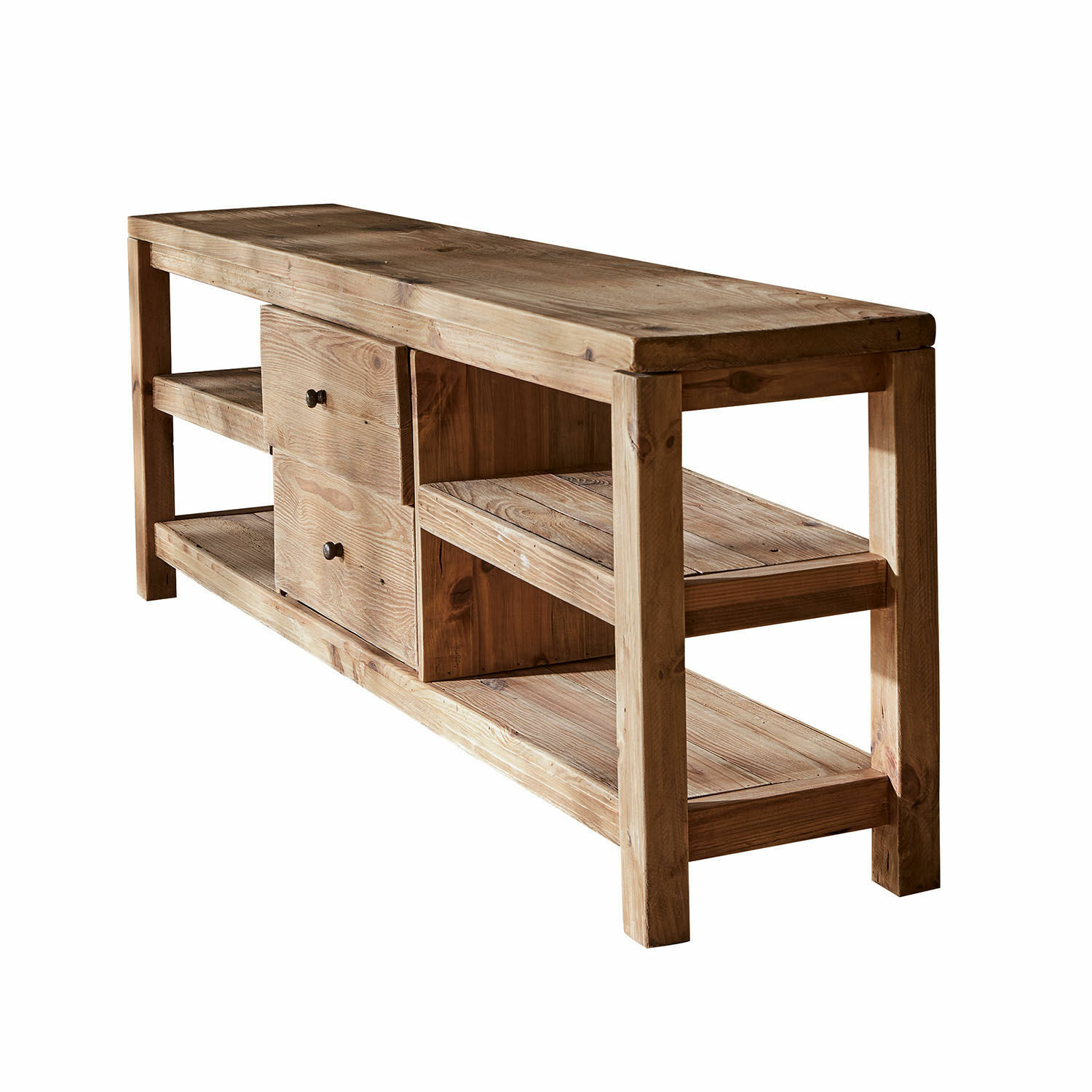 Aparador Ainvelle Mesa de centro de madera natural con estantes y cajones, mueble de madera maciza para salón