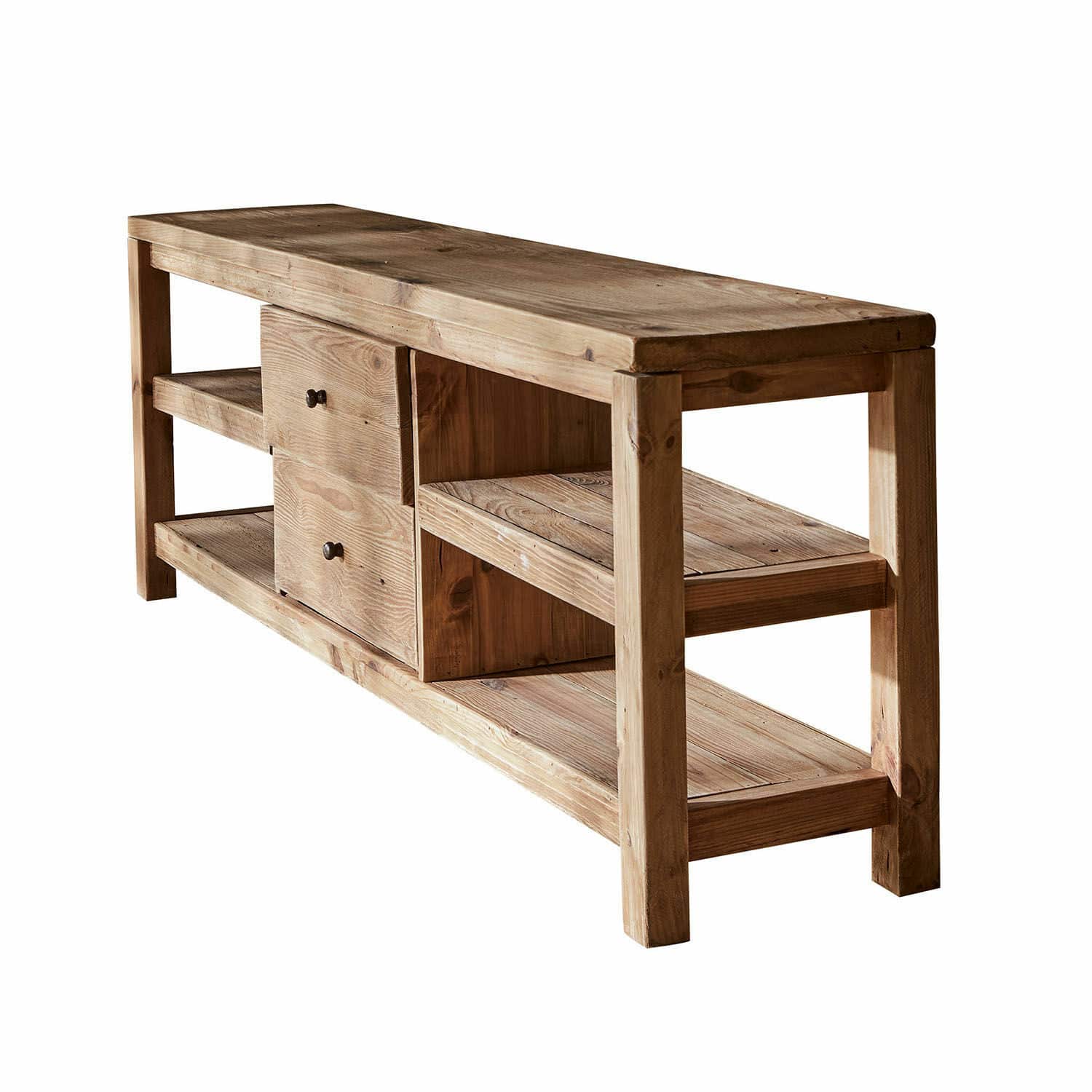 Aparador Ainvelle Mesa de centro de madera natural con estantes y cajones, mueble de madera maciza para salón