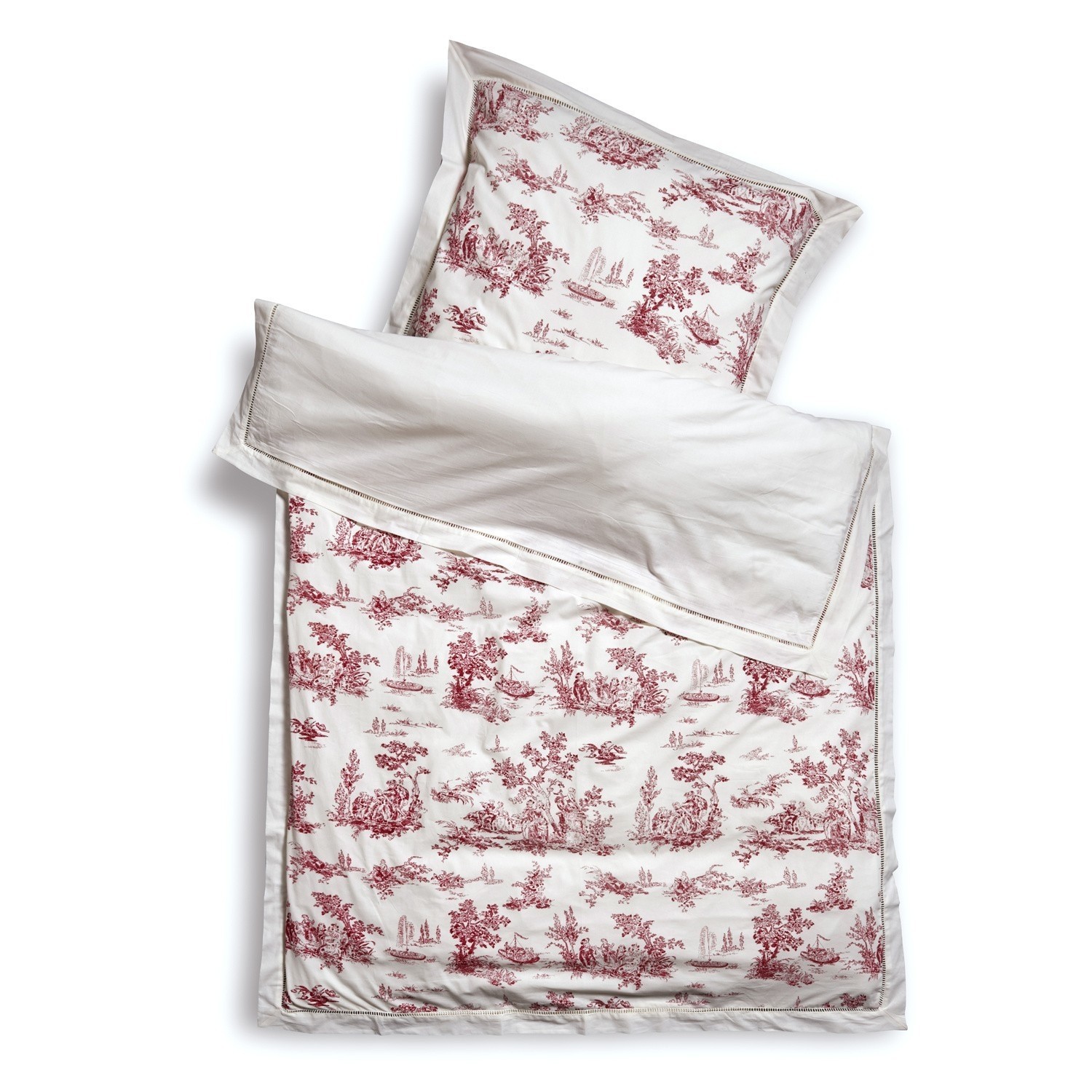 Ropa de cama Toile rouge Ropa de cama de algodón blanca con diseño rojo de paisaje, suave y decorativa para dormitorio