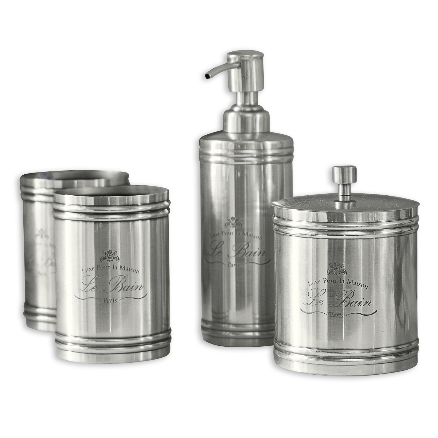 Set de baño Le Bain Juego de baño de acero inoxidable plateado con dispensador y recipientes para cosméticos