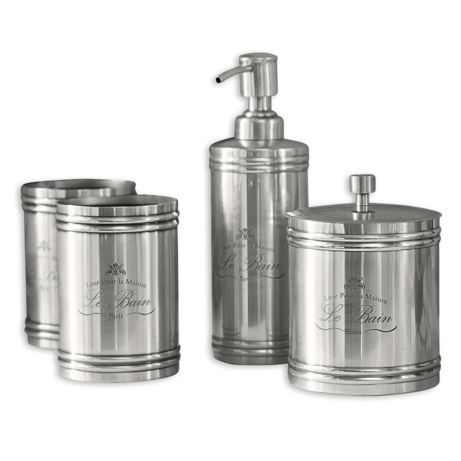 Set de baño Le Bain Juego de baño de acero inoxidable plateado con dispensador y recipientes para cosméticos