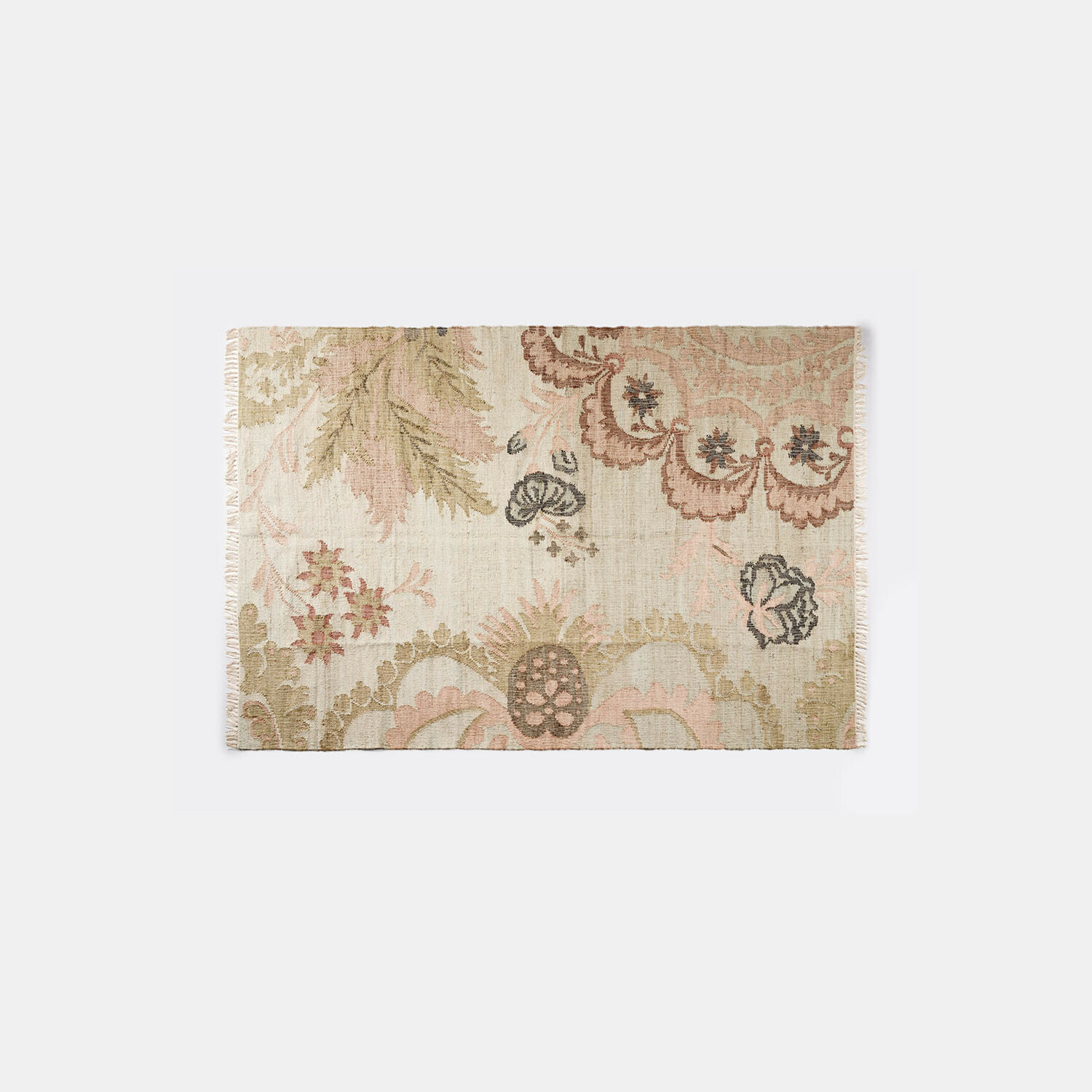 Alfombra Amélorie Alfombra de algodón beige con motivos florales rosas, decorativa y suave para salón