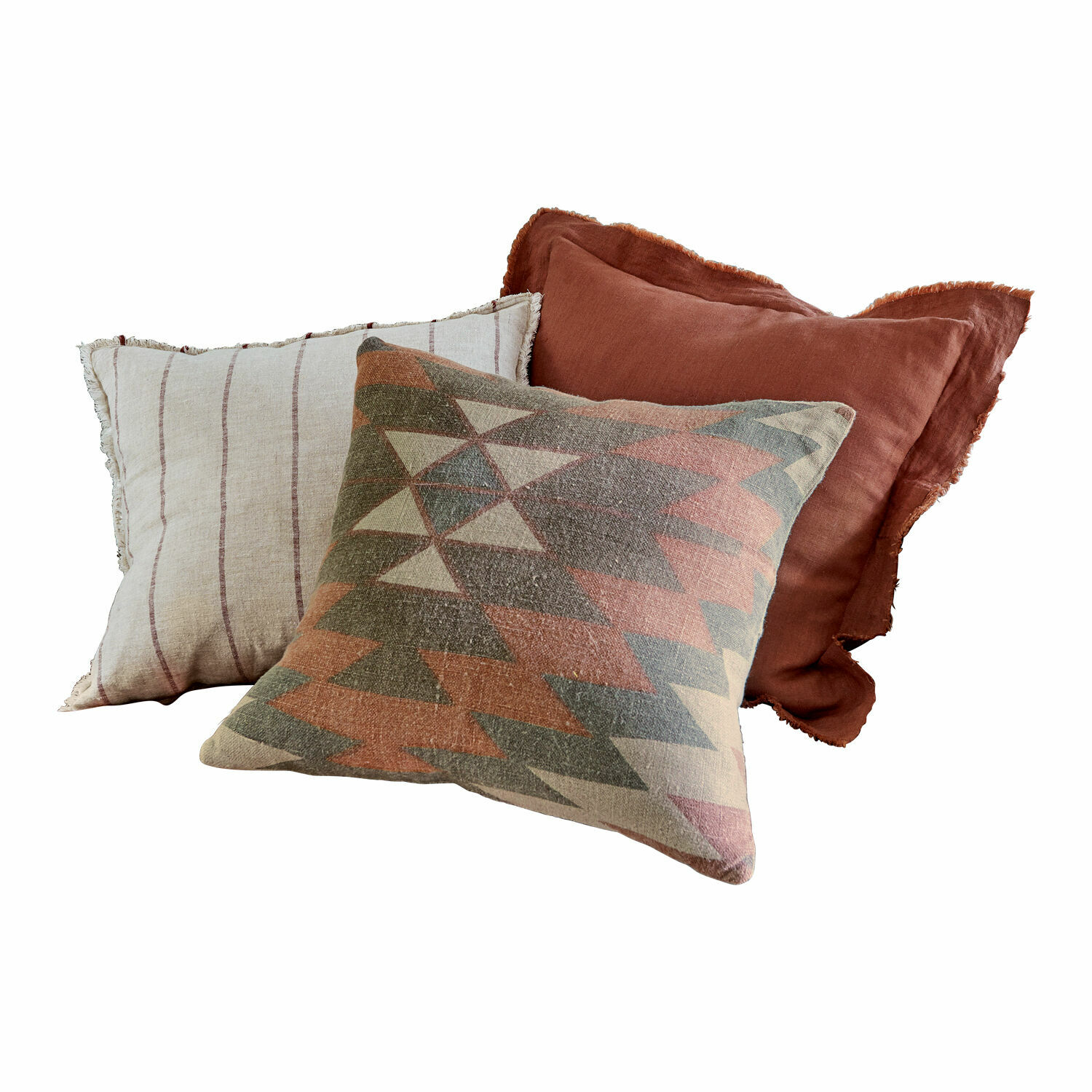 Set de 3 fundas de cojín Florentin Conjunto de tres cojines decorativos de tela en tonos cálidos beige, marrón y con patrones geométricos