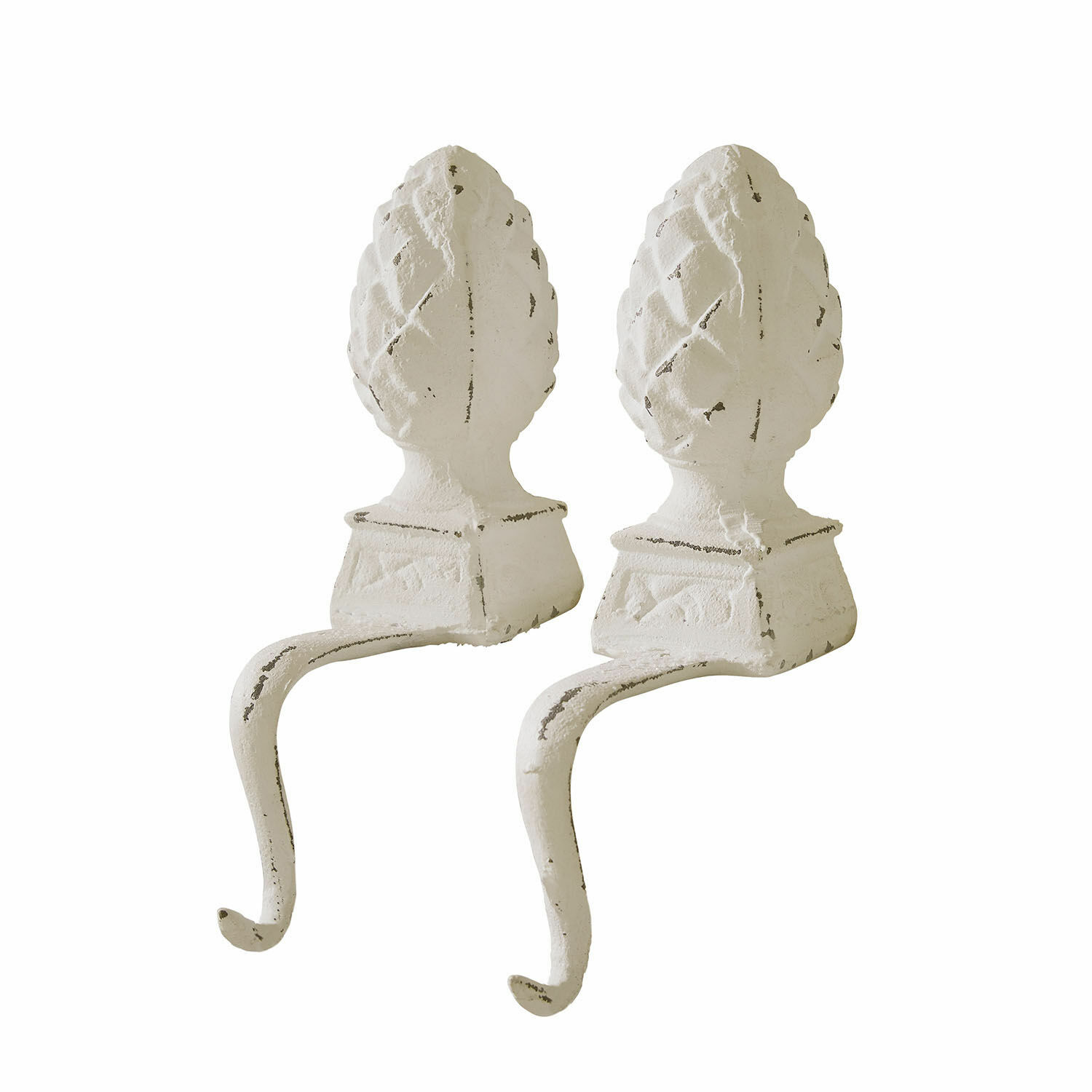 Juego de dos ganchos de hierro en blanco antiguo con diseño decorativo de piña