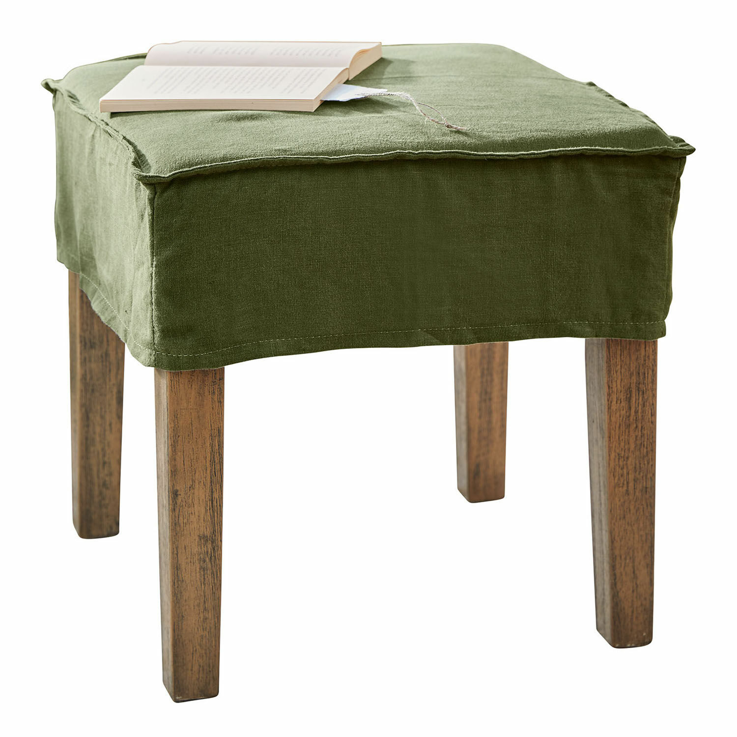 Taburete Vionnique Puf verde con funda de lino y patas de madera, mueble práctico para salón