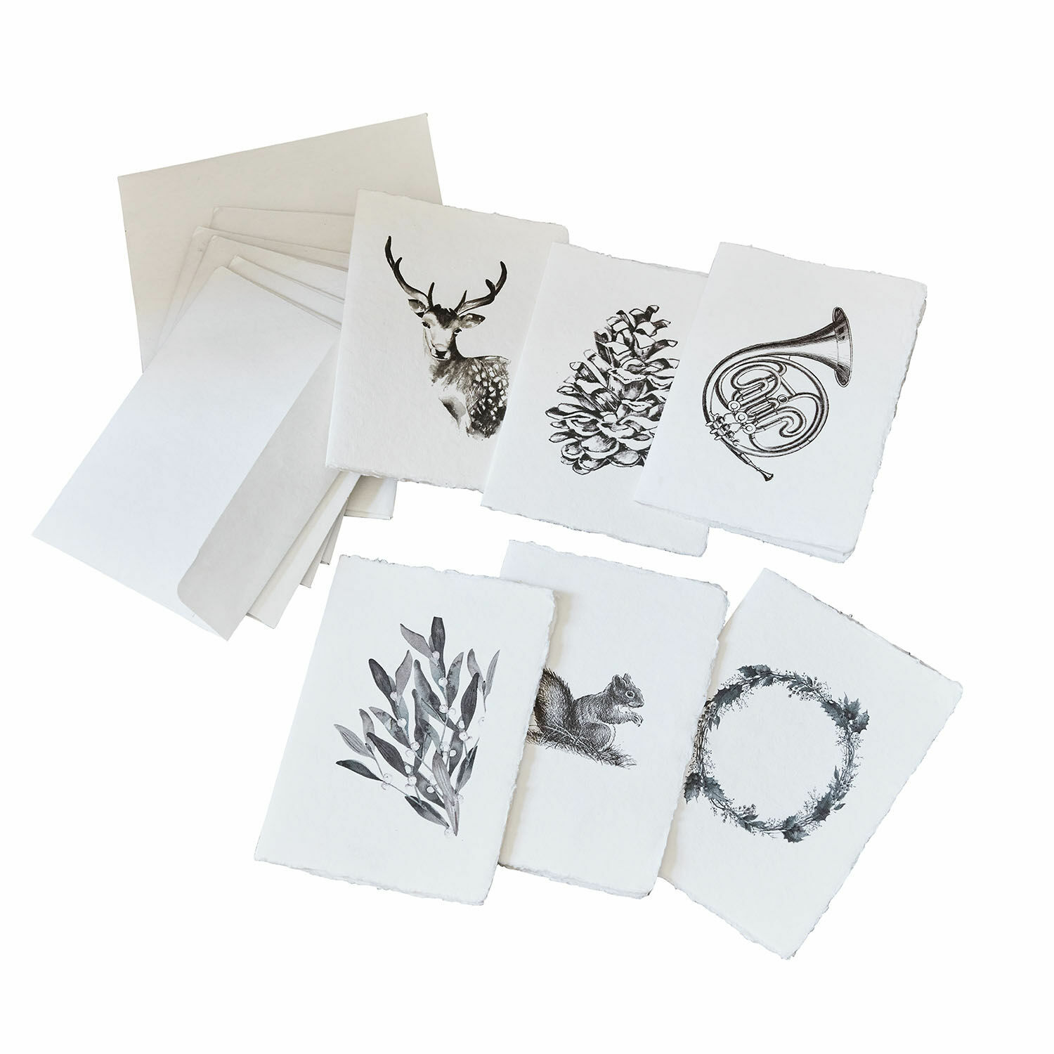 Set de 6 tarjetas de felicitación Previa Conjunto de tarjetas blancas con motivos de ciervo, piña, ardilla y corona en papel artístico