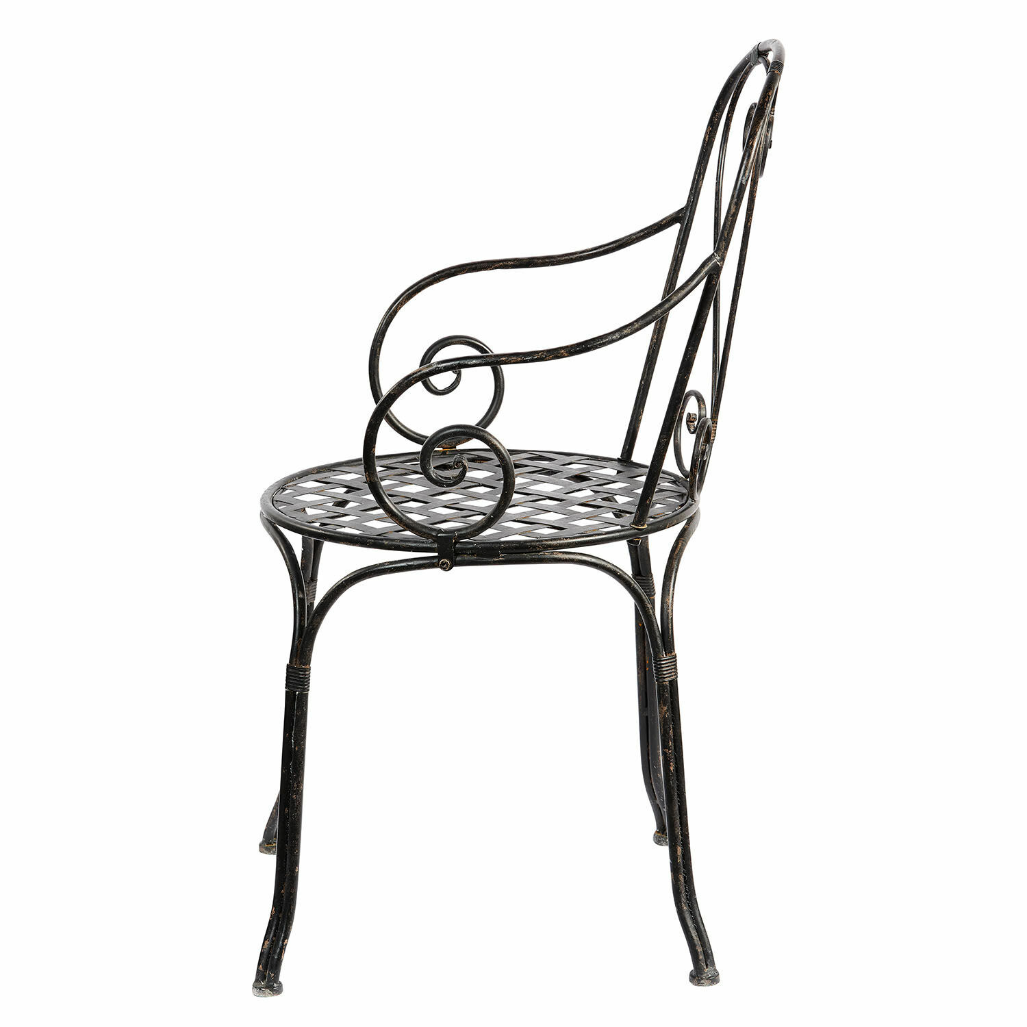 negro envejecido Silla Aube de metal en negro antiguo con reposabrazos curvos y asiento calado decorativo