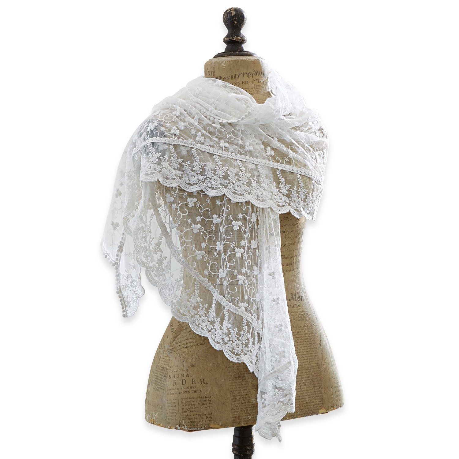 Chal Belvéze Chal de encaje blanco con delicado diseño floral sobre maniquí, accesorio elegante para vestir