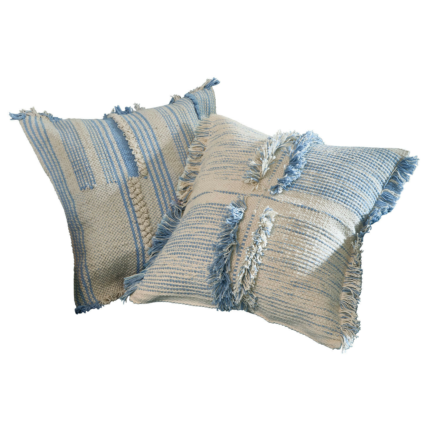 Set de 2 fundas de cojín Ciel d'Azur Dos cojines decorativos de algodón en crema y azul con rayas y flecos, suaves y elegantes