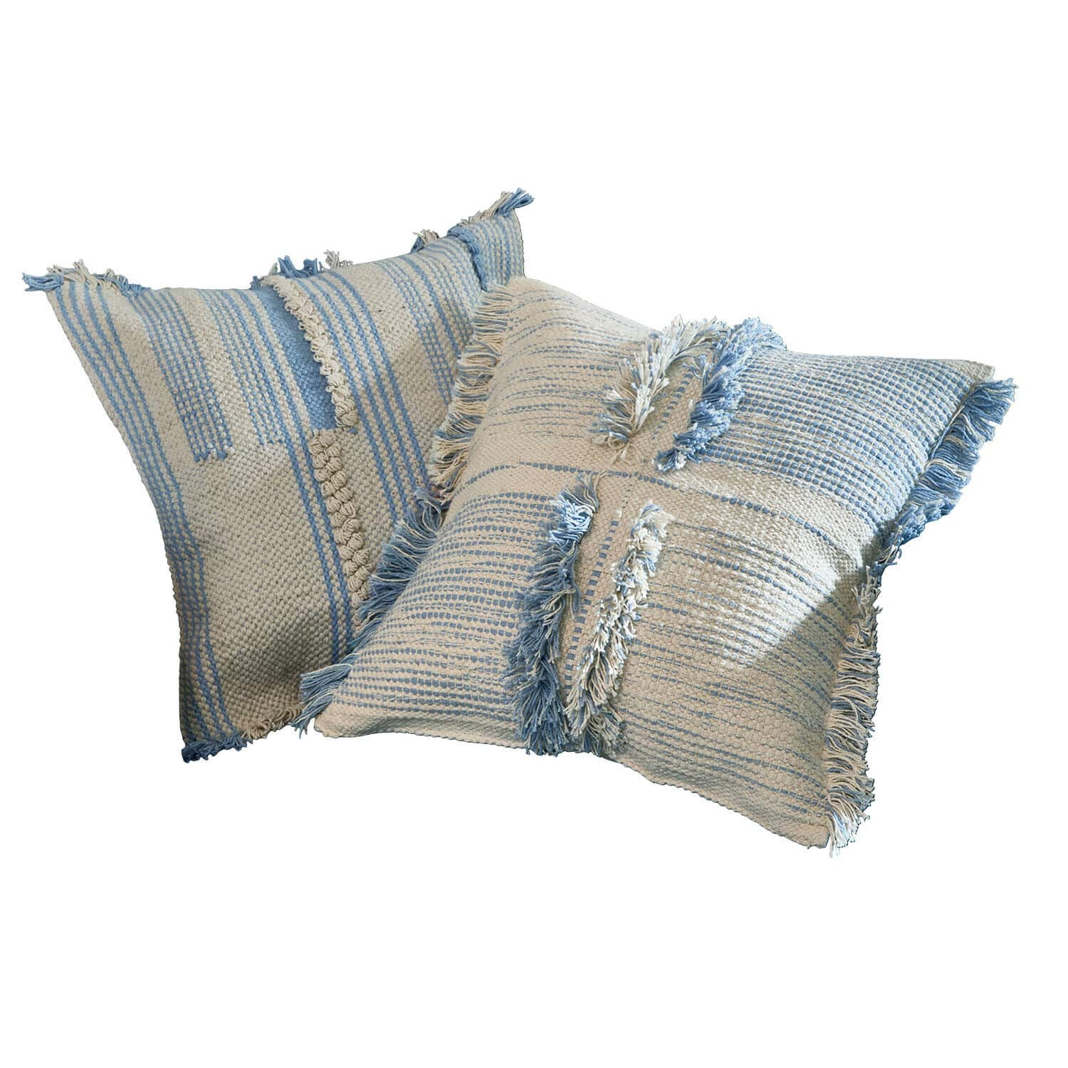 Set de 2 fundas de cojín Ciel d'Azur Dos cojines decorativos de algodón en crema y azul con rayas y flecos, suaves y elegantes