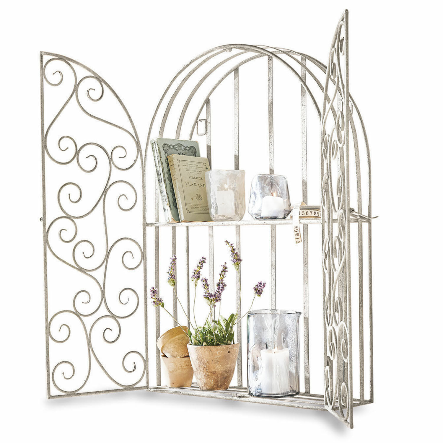Estantería de pared Chambellay Estantería de pared metálica blanca con puertas decorativas, lavanda y velas decorativas