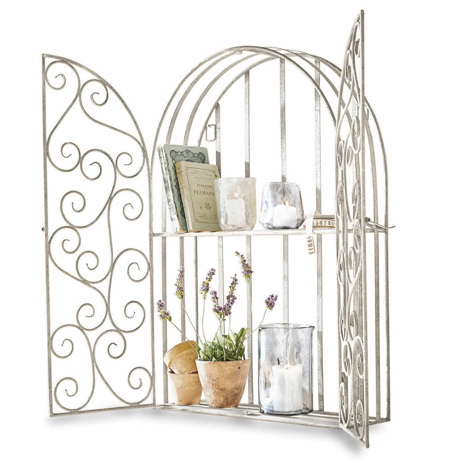 Estantería de pared Chambellay Estantería de pared metálica blanca con puertas decorativas, lavanda y velas decorativas