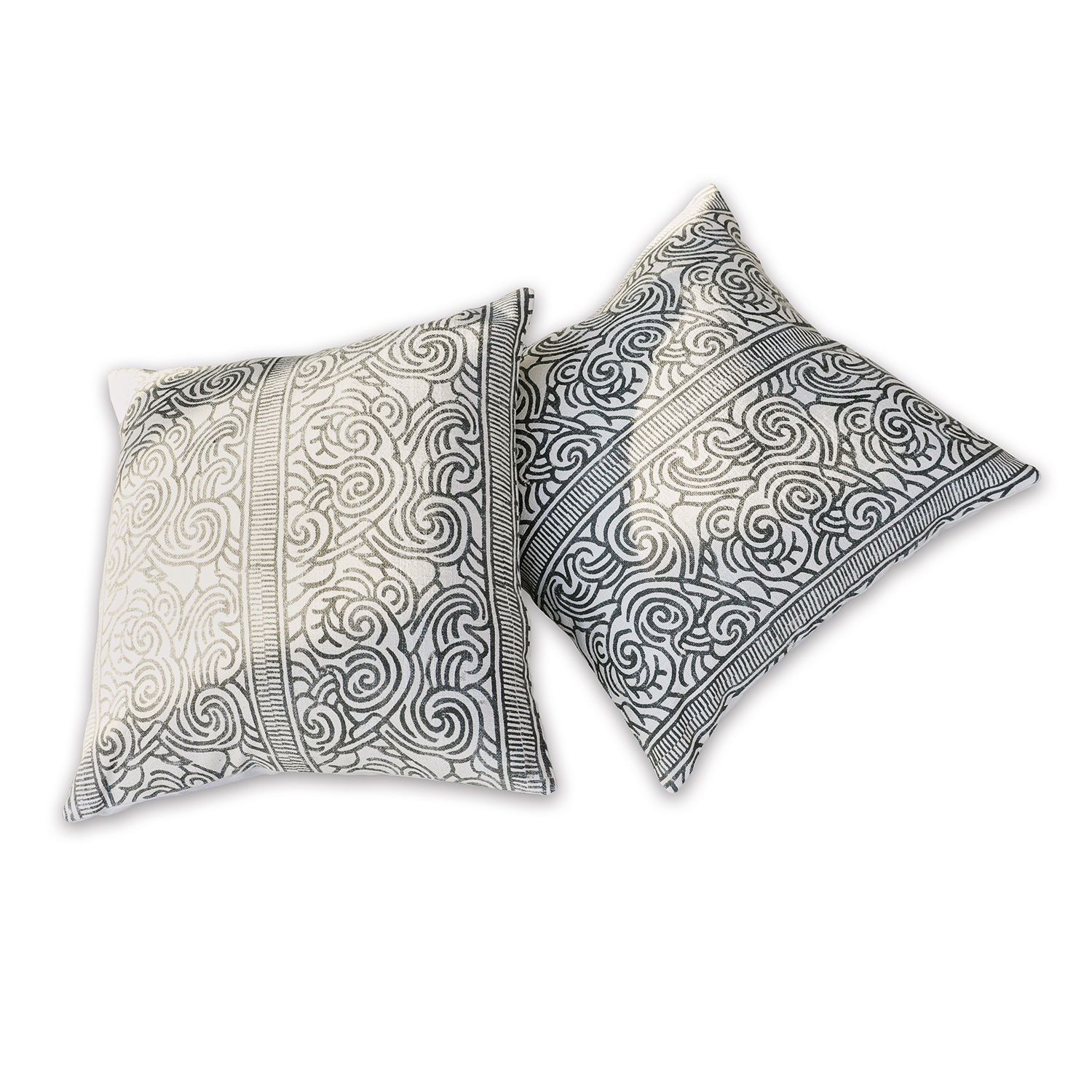 Set de 2 fundas de cojín Ensis Dos cojines decorativos de algodón blanco con diseño de espiral negro para sala de estar