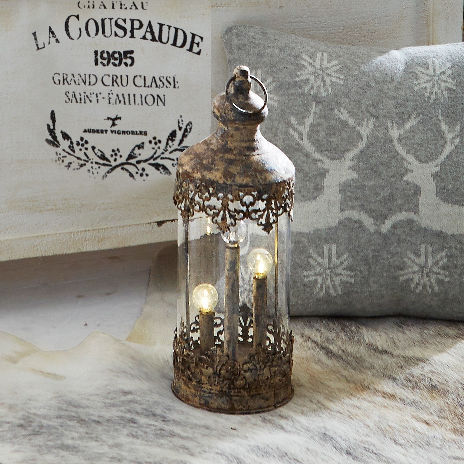 Farol Cosette Farol decorativo de metal y vidrio estilo vintage, color marrón, para interiores y exteriores