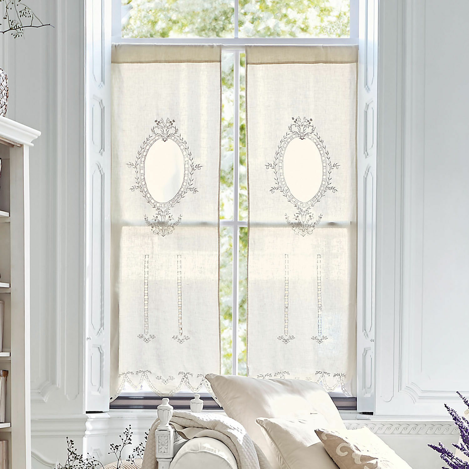 Cortina Loiret Cortinas de lino beige con bordado delicado y diseño decorativo para sala, decoración de ventana