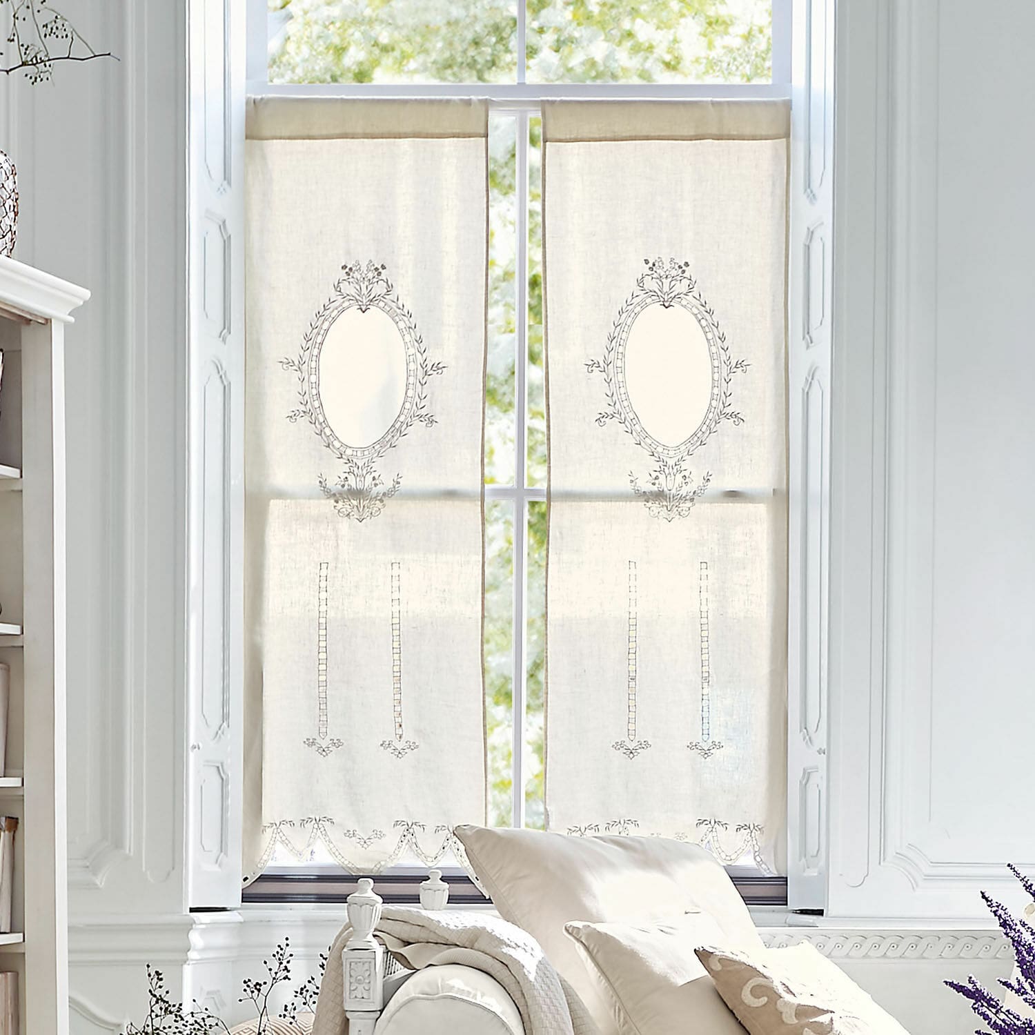 Cortina Loiret Cortinas de lino beige con bordado delicado y diseño decorativo para sala, decoración de ventana
