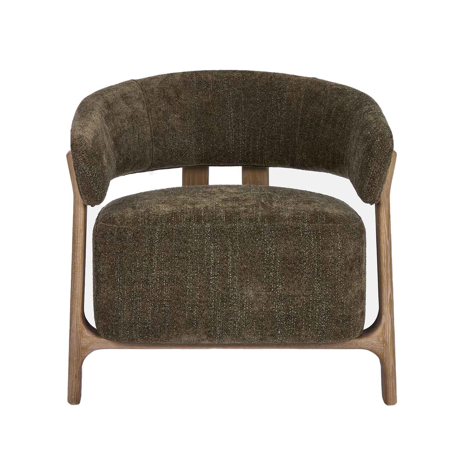 Sillón con asiento y respaldo tapizados en verde oscuro sobre estructura de madera, diseño moderno