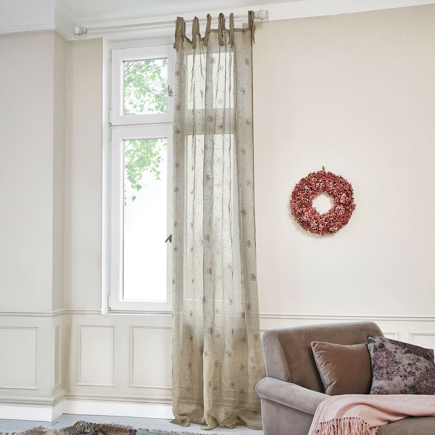 Cortina Amélorie Cortina translúcida de lino beige con diseño floral para decoración de ventana en sala de estar