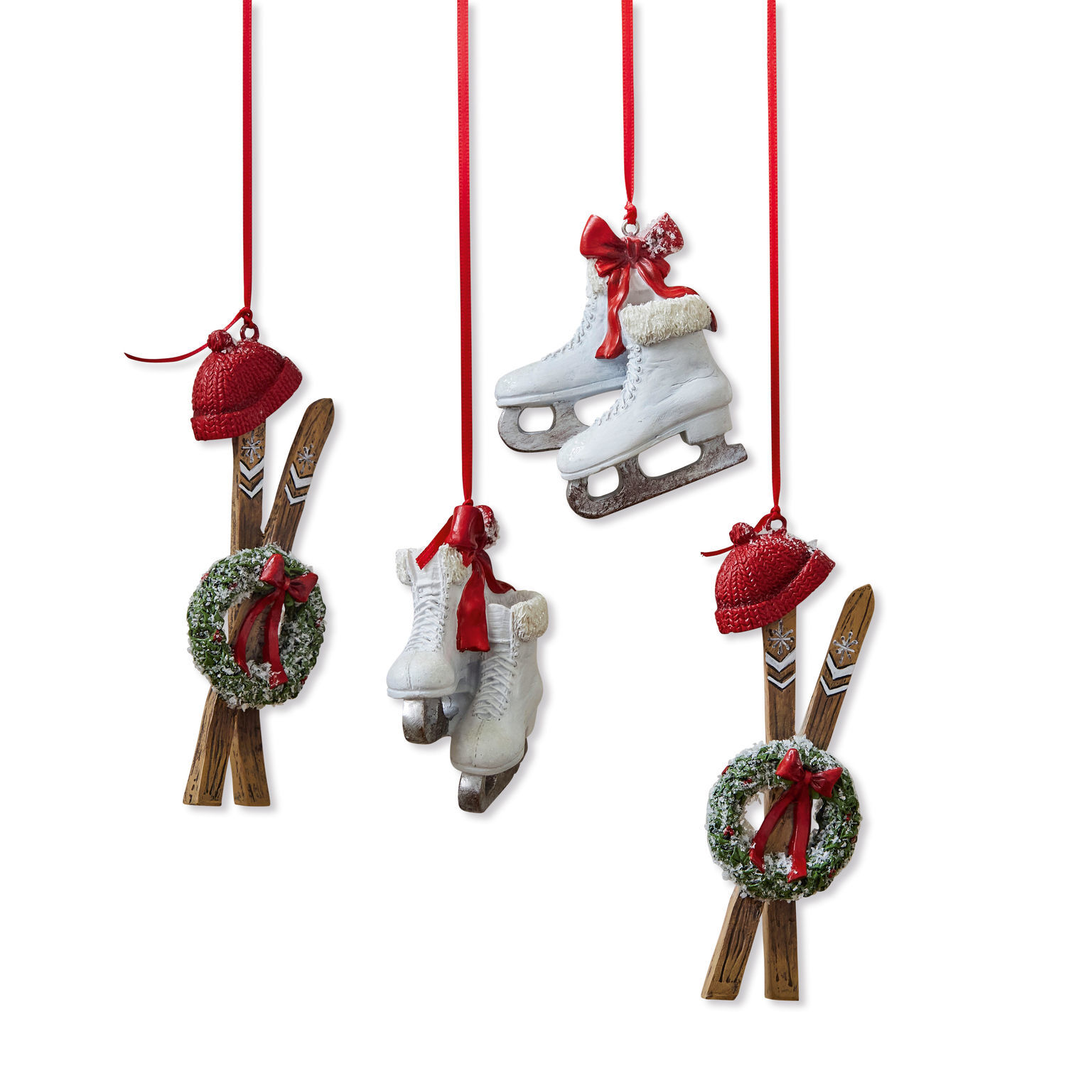 Set de 4 colgantes Papeta Conjunto de adornos navideños con patines blancos, esquís de madera, corona verde y lazos rojos