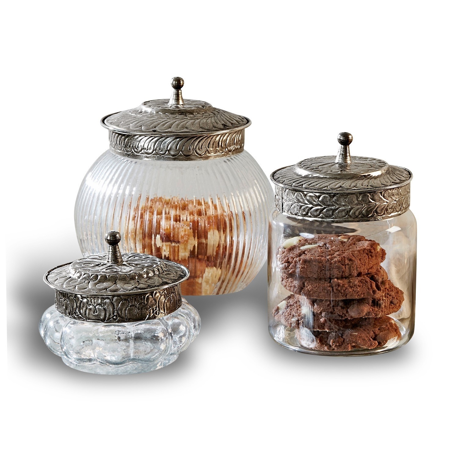 Set de 3 tarros Plévin Conjunto de tres frascos de vidrio con tapas metálicas decorativas para galletas y snacks