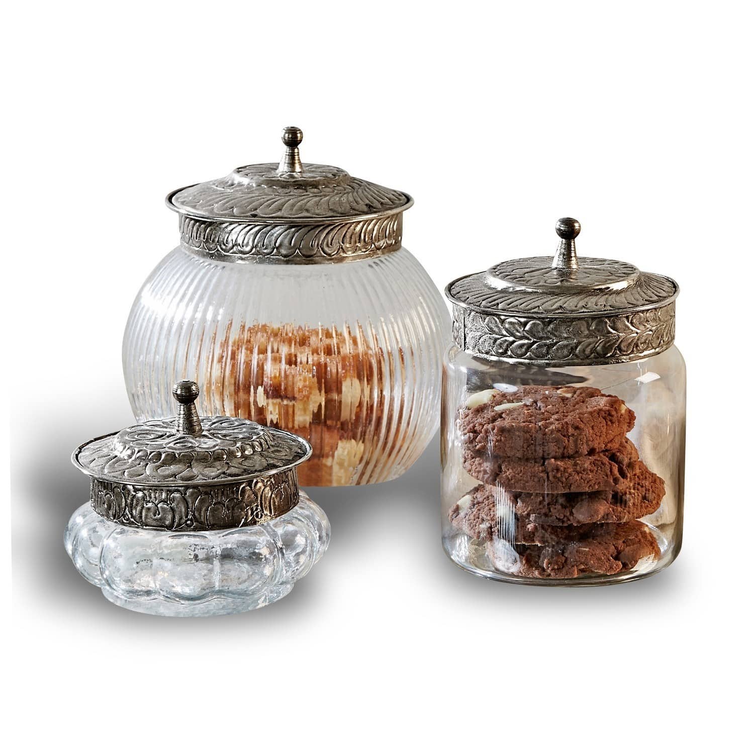 Set de 3 tarros Plévin Conjunto de tres frascos de vidrio con tapas metálicas decorativas para galletas y snacks