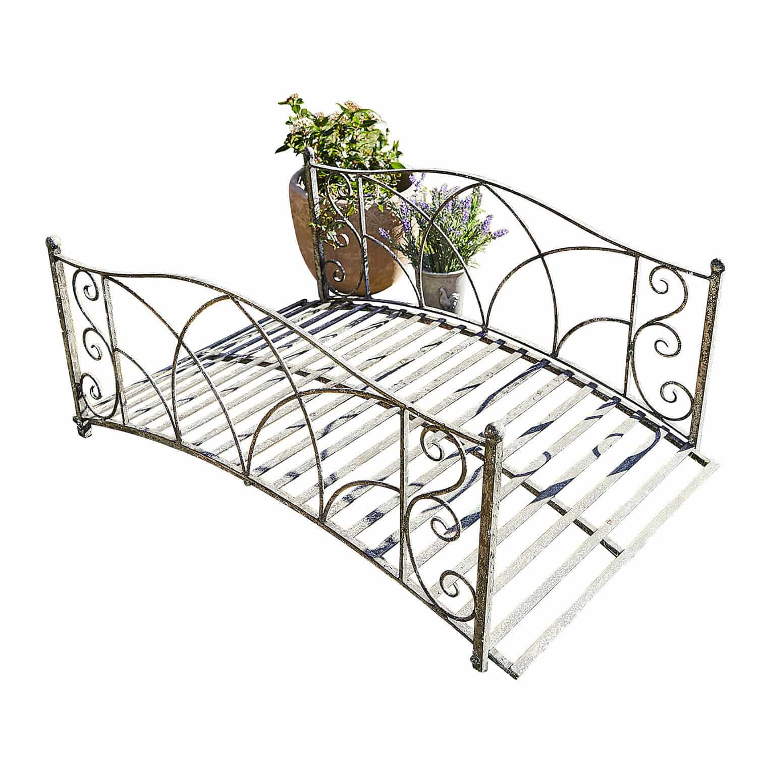 Puente decorativo Escàs Banco de jardín de metal estilo vintage con adornos decorativos y espacio para plantas