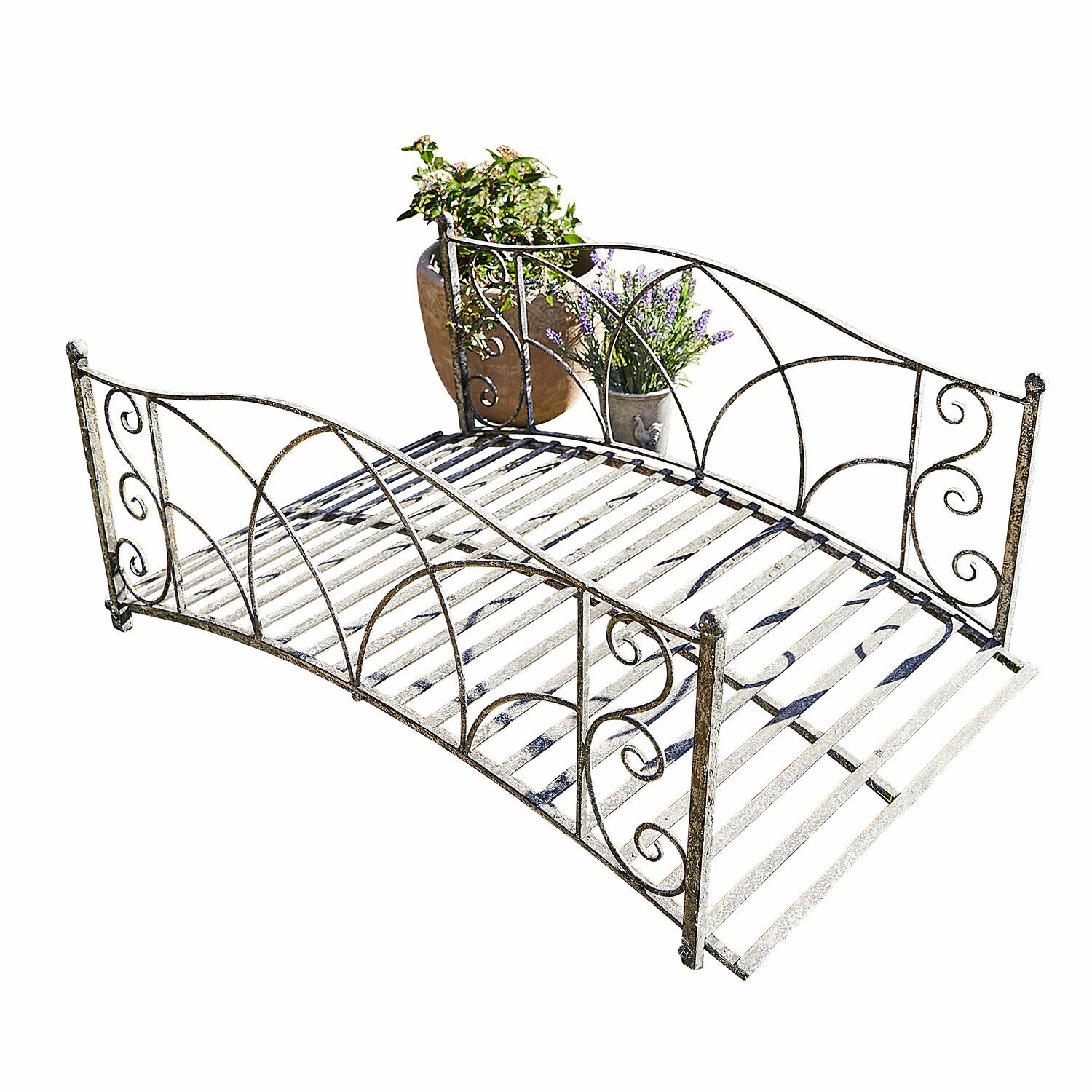 Puente decorativo Escàs Banco de jardín de metal estilo vintage con adornos decorativos y espacio para plantas