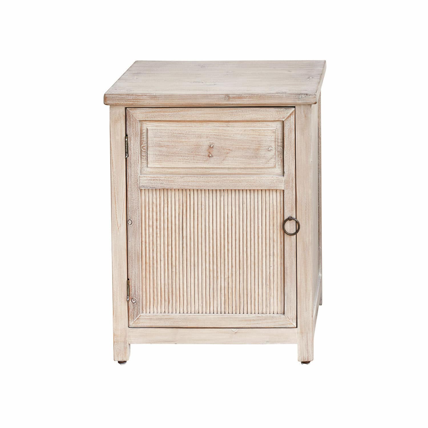Mesita de noche marrón de madera con puerta acanalada y asa metálica para dormitorio