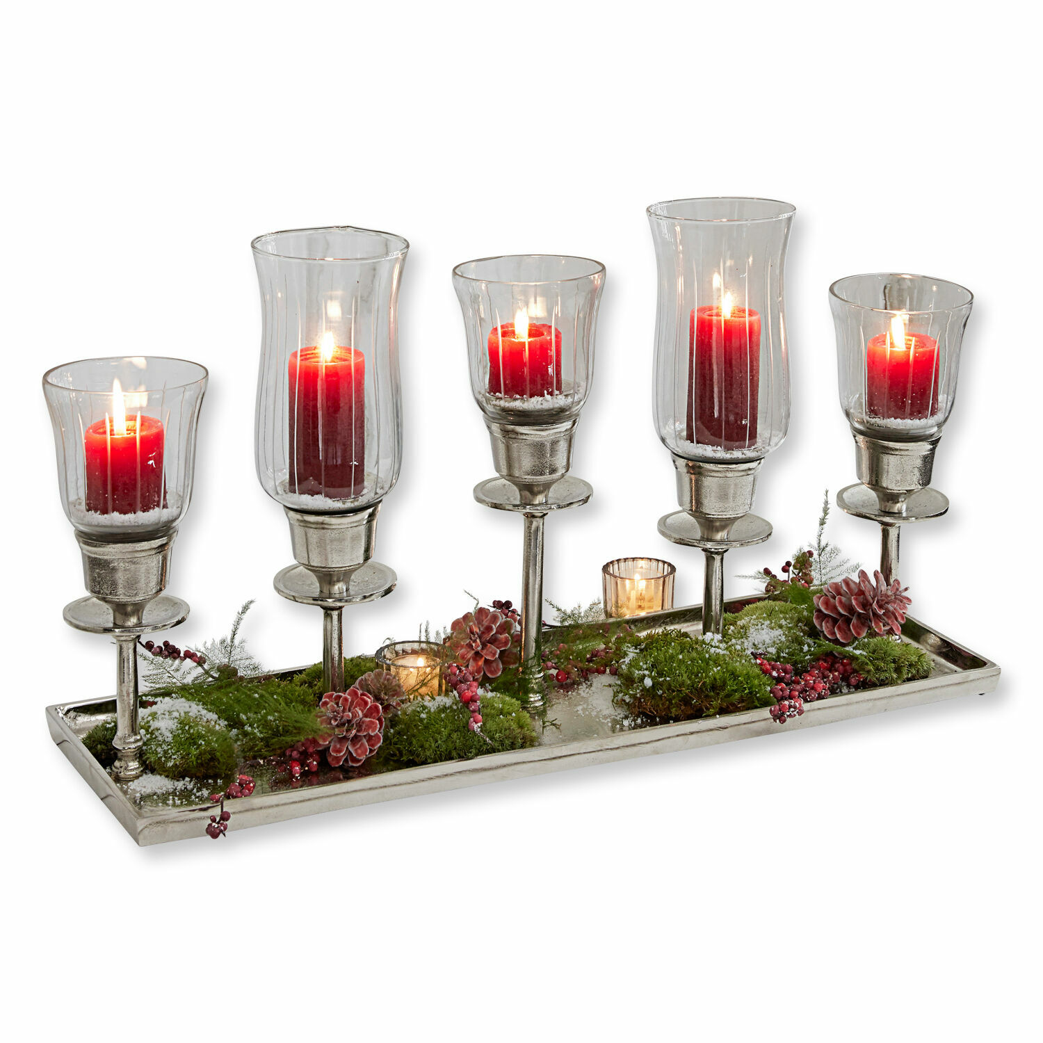 Bandeja para velas Ennedi Candelabro de metal y vidrio con 5 velas rojas, piñas y musgo decorativo en bandeja