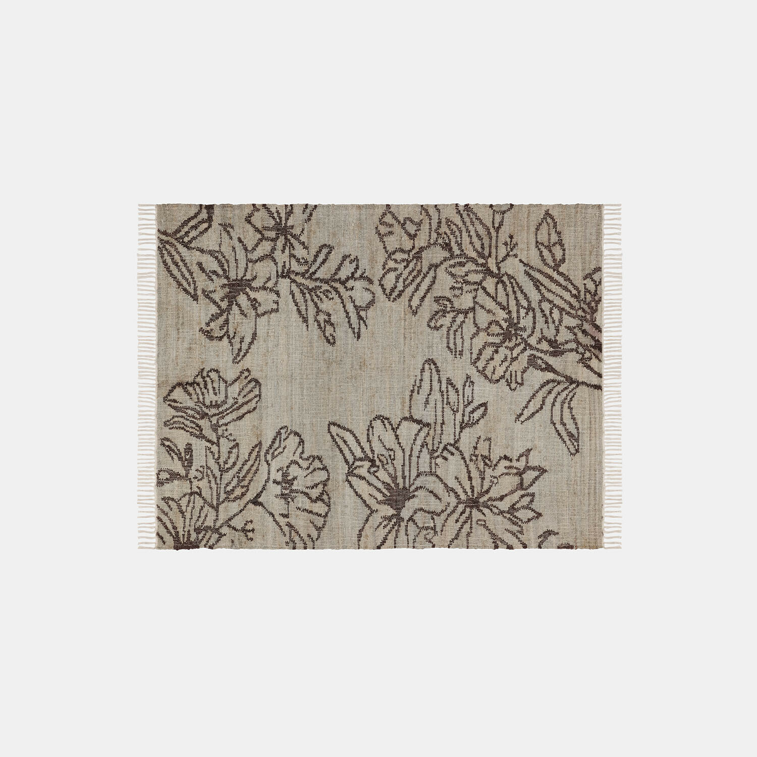 Alfombra beige con diseño floral y flecos, material suave decorativo para salón