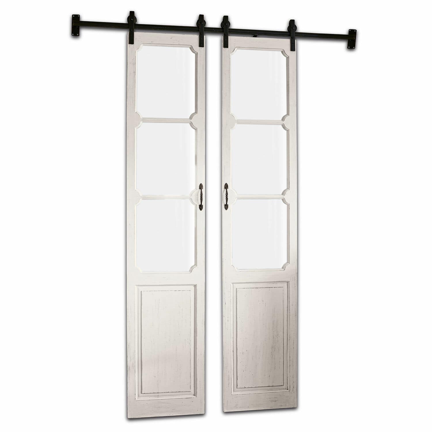 Doble puerta corredera Tibout Puertas correderas blancas de madera con paneles de vidrio y sistema de riel metálico negro
