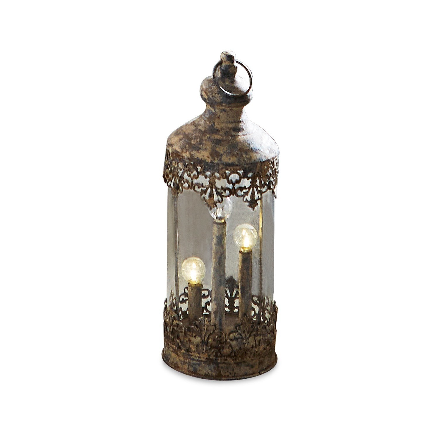 Farol Cosette Linterna decorativa de metal estilo vintage con tres bombillas y diseño calado color óxido