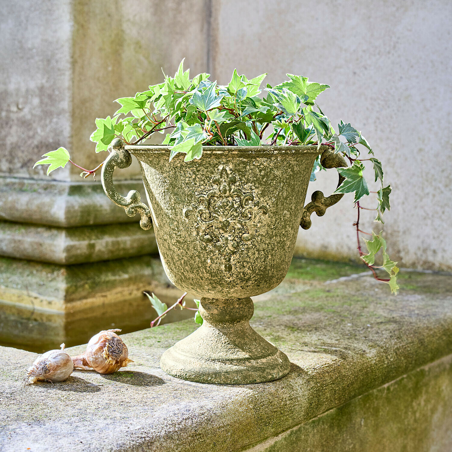Ánfora Ivyridge Maceta decorativa verde envejecida con planta de hiedra sobre superficie de piedra exterior