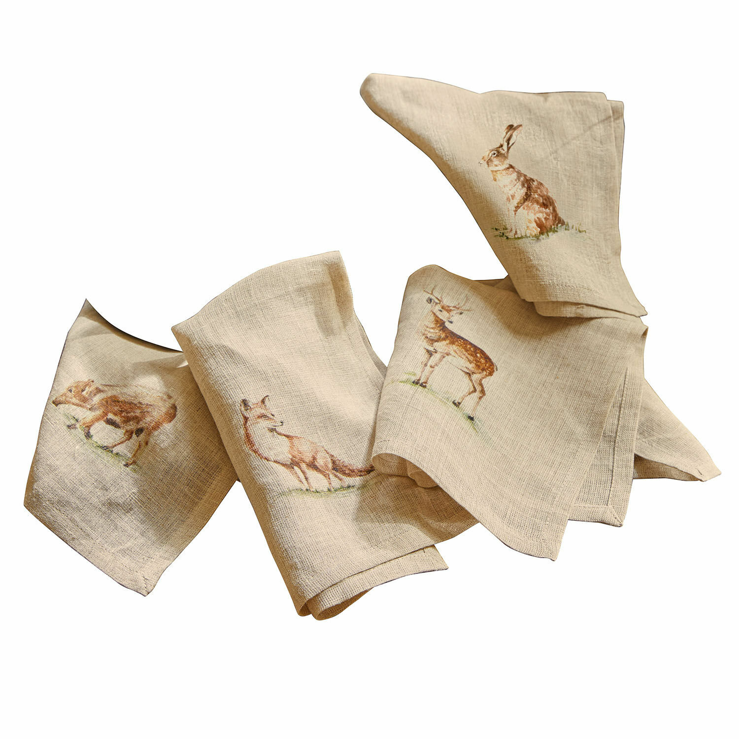 Servilletas de lino beige con estampados de animales del bosque, ideales para decoración de mesa otoñal
