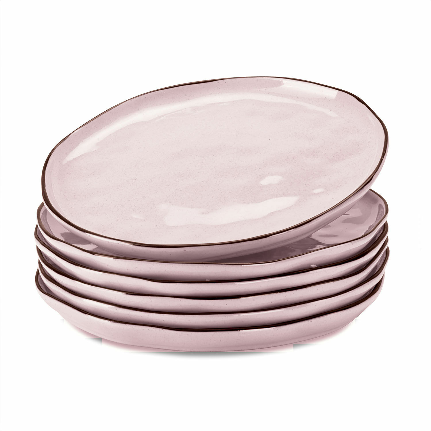 Set de 6 platos Biarré Juego de seis platos de cerámica rosa con borde marrón para comedor
