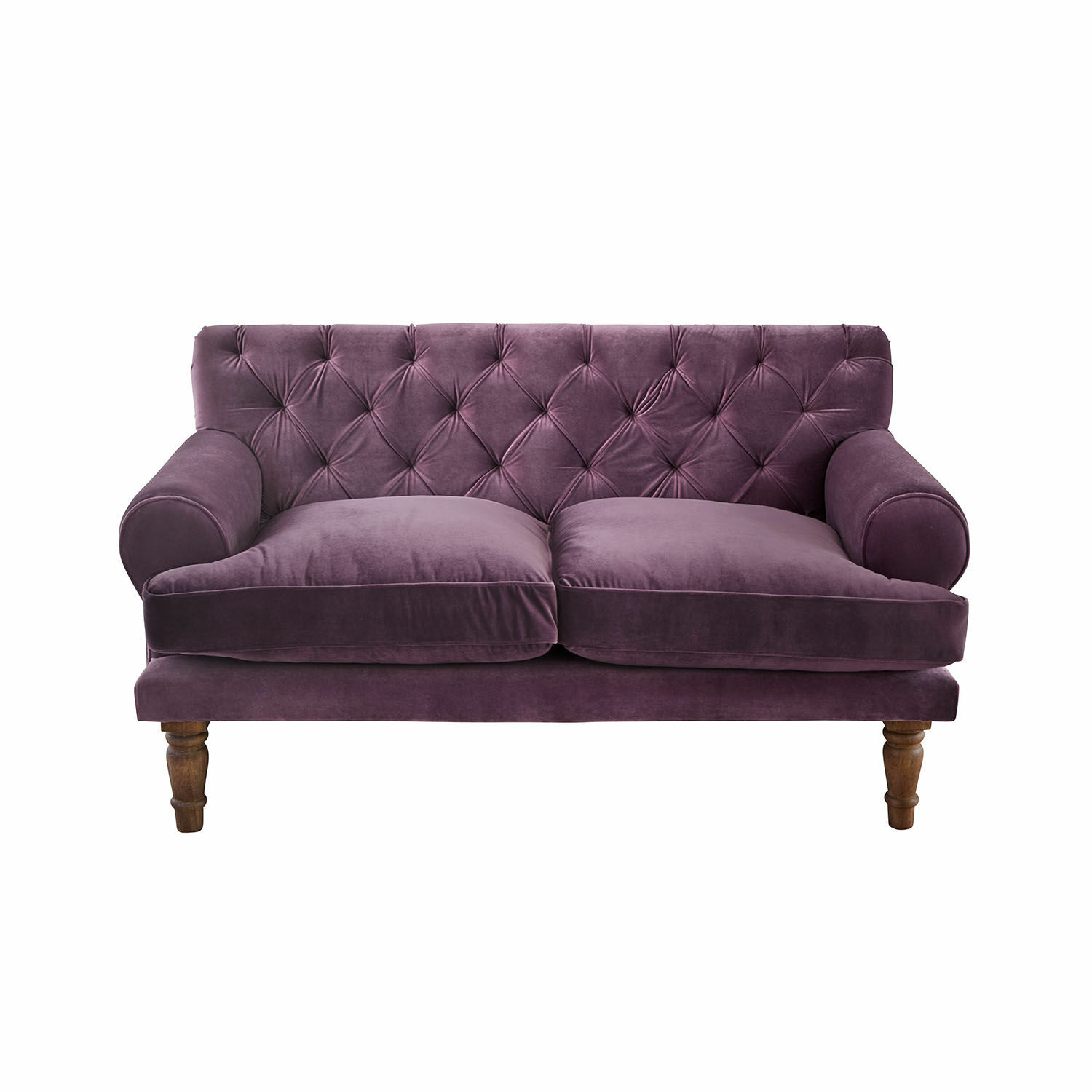 morado Sofá violeta de terciopelo con respaldo capitoné y patas de madera, mueble elegante para salón