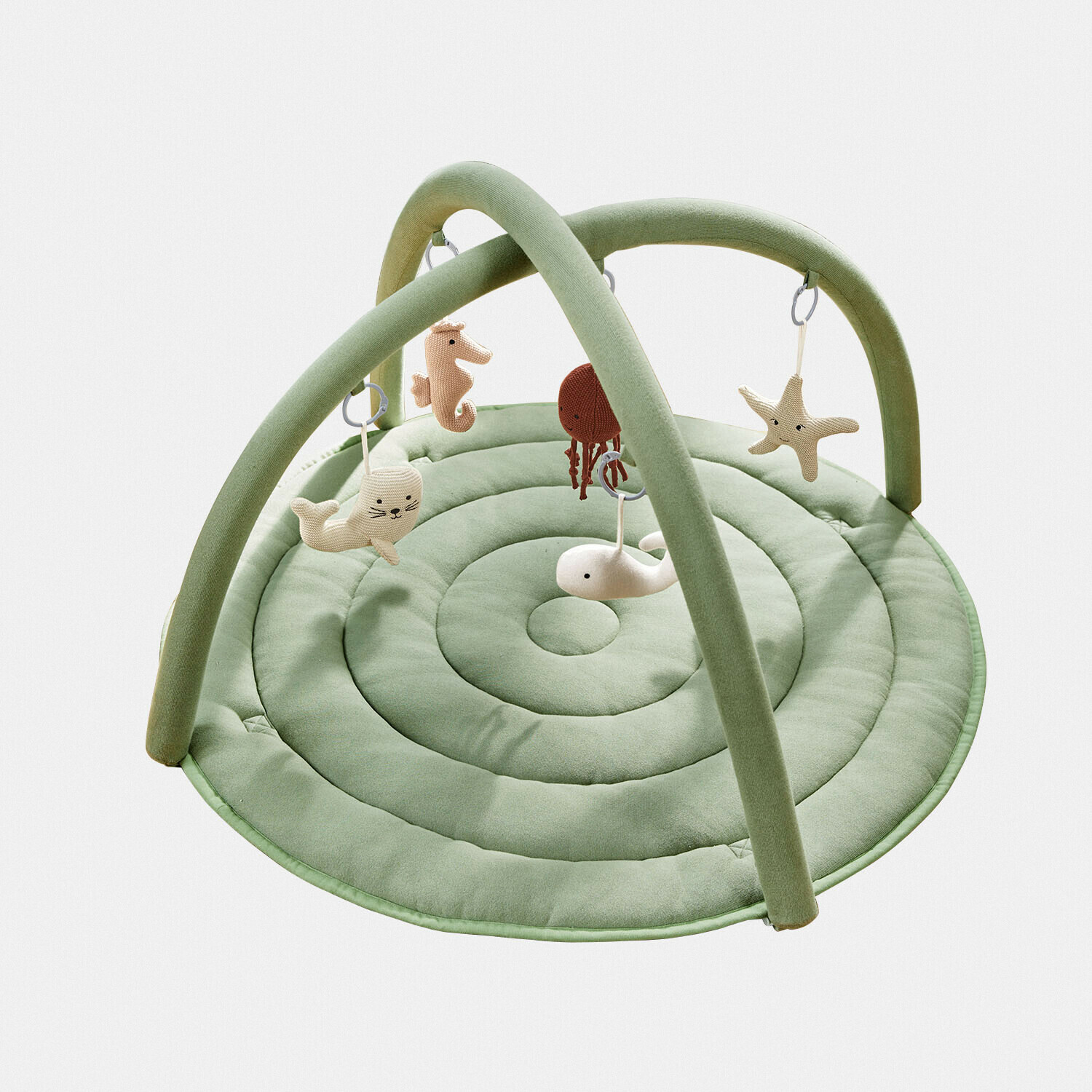 Arco de juegos Bubbilo Alfombra de juego verde suave con arcos y juguetes colgantes de animales marinos para bebés